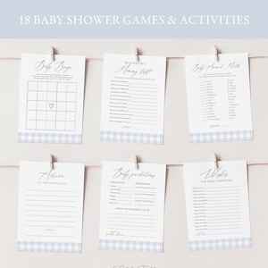 Pacchetto di giochi modificabili per baby shower a quadretti blu, attività classiche per baby shower a quadretti, giochi stampabili per baby shower per ragazzi, DOWNLOAD DIGITALE