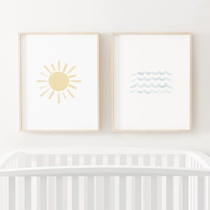 Beach Nursery Decor, Set of 2 Coastal Nursery Prints, Sun and Waves Poster, Printable Surf Wall Art, Kids Room Decor, DIGITAL DOWNLOAD