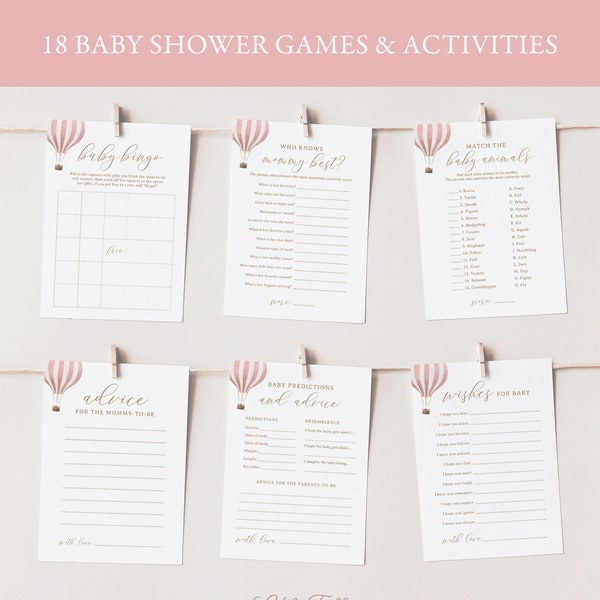 Editable Pink Hot Air Balloon Baby Shower Games Bundle, Printable Travel Baby Shower Games and Activities, DIGITAL DOWNLOAD