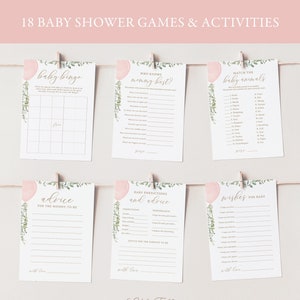 Editable Pink Balloon Baby Shower Games Bundle, Watercolor Balloon Girl Baby Shower Activities, DIGITAL DOWNLOAD