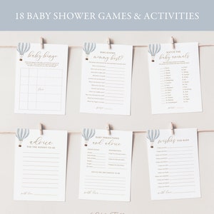 Pacchetto di giochi per baby shower in mongolfiera blu modificabile, giochi e attività per baby shower da viaggio stampabili, DOWNLOAD DIGITALE
