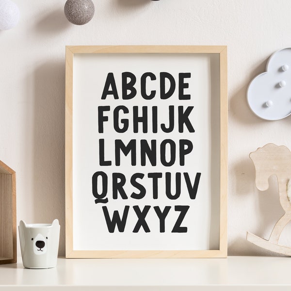 Póster del alfabeto negro, impresión del ABC, arte mural educativo imprimible, decoración de habitación infantil, decoración de guardería, descarga digital