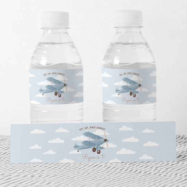 Editable Airplane Birthday Party Water Bottle Labels, Printable Vintage Travel Birthday Decorations, DIGITAL DOWNLOAD