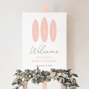 Pink Surfboard Baby Shower Welcome Sign, Baby on Board Girl Baby Shower Printable Welcome Sign Template, DIGITAL DOWNLOAD