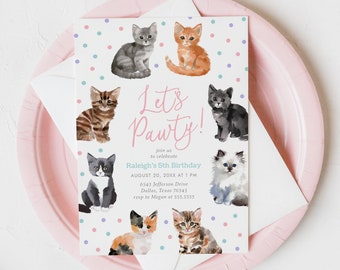 Kitten Birthday Invitation, Watercolor Kitty Cat Birthday Party Invite Template, Let's Pawty, DIGITAL DOWNLOAD