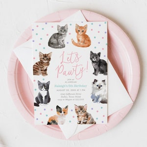 Kitten Birthday Invitation, Watercolor Kitty Cat Birthday Party Invite Template, Let's Pawty, DIGITAL DOWNLOAD