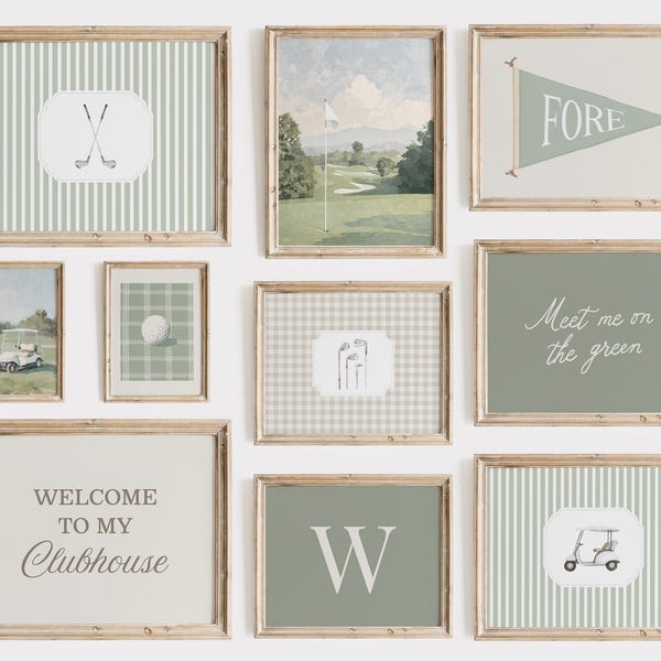 Decorazioni murali vintage per la cameretta dei bambini con tema golf, stampe stampabili per la cameretta dei ragazzi con tema golf verde salvia