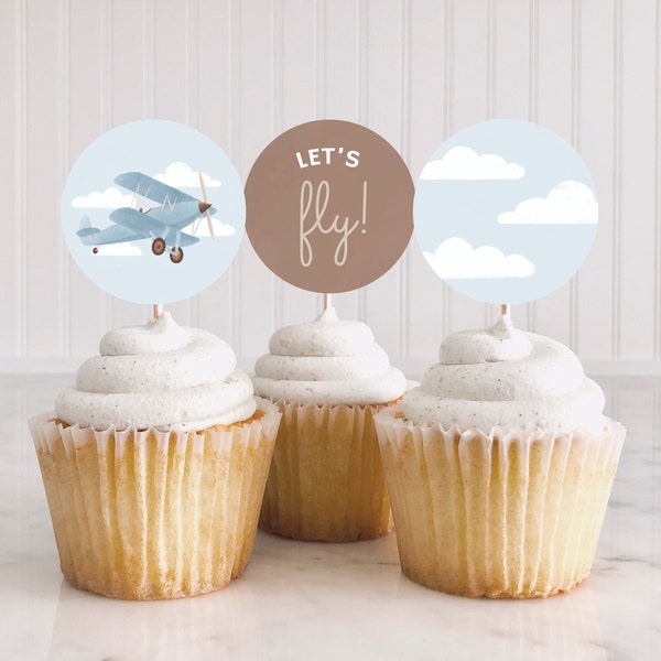 Avion Birthday Party Cupcake Toppers, Printable vintage Travel Birthday Party Decorations, Birthday Favor Tags, DIGITAL DOWNLOAD