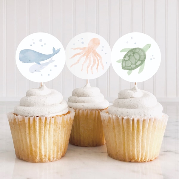 Under the Sea Birthday Party Cupcake Toppers, Printable Ocean Animals Birthday Party Decorations, Birthday Favor Tags, DIGITAL DOWNLOAD