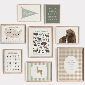 May include: A collection of framed art prints with a nature theme. Prints include a map of National Parks, North American wildlife, animal tracks, an alphabet, and a deer. The color palette is neutral with green and brown accents.