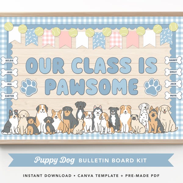 Kit para tablón de anuncios de perros, decoración para el aula del primer día de clases, cartel imprimible para tablón de anuncios de cachorros "Our Class is Pawsome"