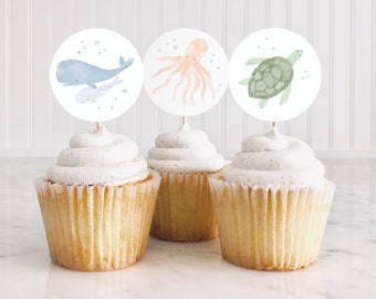 Under the Sea Birthday Party Cupcake Toppers, Printable Ocean Animals Birthday Party Decorations, Birthday Favor Tags, DIGITAL DOWNLOAD