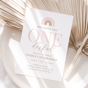 Little Miss Onederful 1st Birthday Invitation, Pink Boho Rainbow Birthday Invite, Editable Template, DIGITAL DOWNLOAD