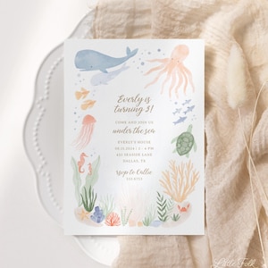 Under the Sea Birthday Invitation, Printable Ocean Animals Kids Birthday Party Invite, Editable Template, Whale Octopus Turtle