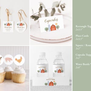 May include: Farm-themed party printable set with a red barn, green trees, and farm animals. Includes cupcake toppers, water bottle wraps, place cards, and square or round tags. All items are 2x2 inches except for the rectangle tag which is 2x3.5 inches and the place cards which are 2x3.5 inches.