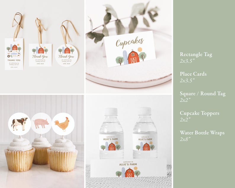 May include: Farm-themed party printable set with a red barn, green trees, and farm animals. Includes cupcake toppers, water bottle wraps, place cards, and square or round tags. All items are 2x2 inches except for the rectangle tag which is 2x3.5 inches and the place cards which are 2x3.5 inches.