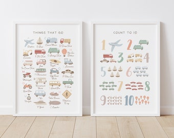 Transportation Alphabet and Numbers Set of 2 Prints, Printable Vehicle ABC Poster, Transportation Kids Room Decor, DIGITAL DOWNLOAD