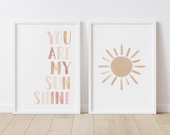 You Are My Sunshine Set of 2 Prints, Neutral Nursery Art, PRINTABLE Wall Art, Girls Bedroom Decor, Kids Room Decor, DIGITAL DOWNLOAD