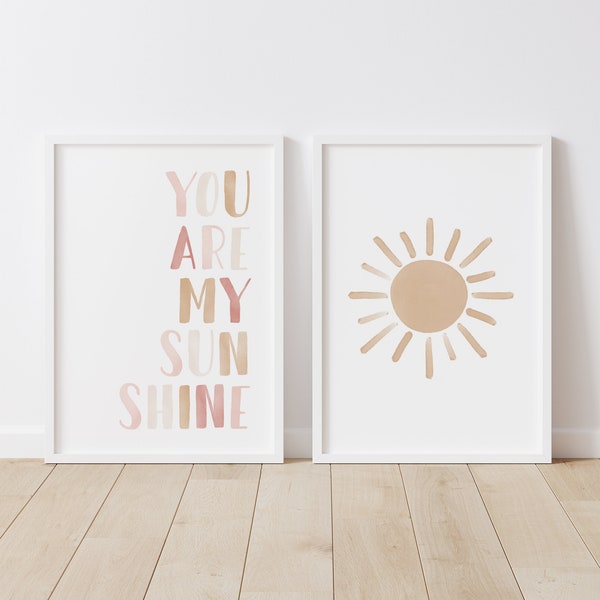 You Are My Sunshine Set of 2 Prints, Neutral Nursery Art, PRINTABLE Wall Art, Girls Bedroom Decor, Kids Room Decor, DIGITAL DOWNLOAD