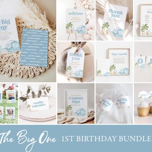 Pacchetto di inviti per il compleanno "The Big One Surf", modelli stampabili per feste di primo compleanno a tema tavola da surf, DOWNLOAD DIGITALE