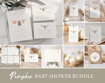 May include: A collection of baby shower stationery with a pumpkin theme. Includes invitations, thank you cards, and game cards. The designs feature pumpkins, overalls, and the text "A Little Pumpkin is on the Way!"
