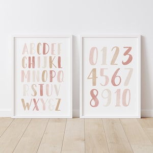 Neutral Alphabet and Numbers Set of 2 Prints, Printable Educational Wall Art, Girls Room Decor, Nursery Decor, DIGITAL DOWNLOAD