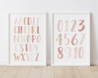 Neutral Alphabet and Numbers Set of 2 Prints, Printable Educational Wall Art, Girls Room Decor, Nursery Decor, DIGITAL DOWNLOAD