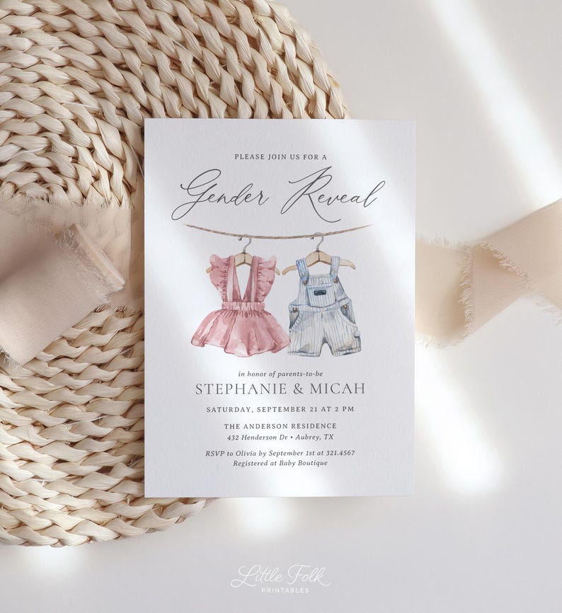 Pink and Blue Baby Clothes Gender Reveal Invitation, Clothesline Gender Reveal Party Invite, Editable Template, DIGITAL DOWNLOAD image 3