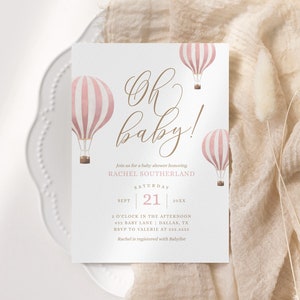 Pink Hot Air Balloon Baby Shower Invitation, Girl Baby Shower Invite, Oh Baby Printable Invitation Template, DIGITAL DOWNLOAD image 4