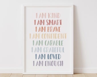 Affirmations for Kids, Rainbow Affirmations Print, I am Kind Smart Loved, Inspirational Nursery Decor, PRINTABLE Wall Art, DIGITAL DOWNLOAD