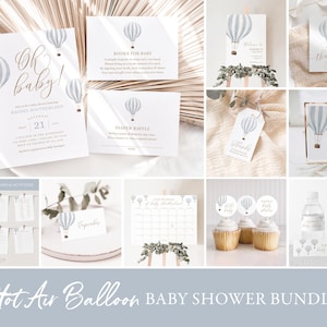 Blue Hot Air Balloon Baby Shower Invitation Bundle, Printable Boy Baby Shower Decorations and Games, Editable Template, DIGITAL DOWNLOAD