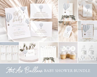 Blue Hot Air Balloon Baby Shower Invitation Bundle, Printable Boy Baby Shower Decorations and Games, Editable Template, DIGITAL DOWNLOAD