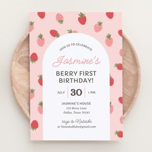 Editable Strawberry 1st Birthday Party Invitation, Berry First Birthday Party Invite Template, DIGITAL DOWNLOAD