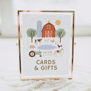 Cartões de festa de aniversário de fazenda e sinal de presentes, decoração de sinal de mesa de aniversário de animais de curral para impressão, decorações de aniversário, DOWNLOAD DIGITAL
