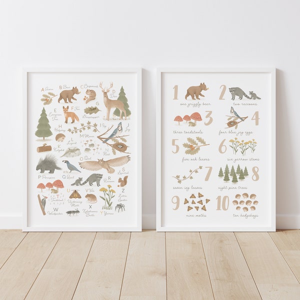 Woodland Alphabet Poster, Woodland Alphabet and Numbers Prints, Woodland ABC, Woodland Nursery Decor, Kids Room Decor, DIGITAL DOWNLOAD