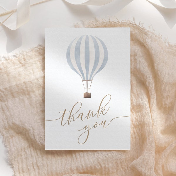 Editable Blue Hot Air Balloon Baby Shower Thank You Card Template, Printable Folded Thank You Card, DIGITAL DOWNLOAD