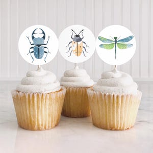 May include: Three cupcakes with white frosting, each topped with a round paper featuring a watercolor insect illustration. The insects include a blue beetle, a yellow and black beetle, and a green and blue dragonfly. The cupcakes sit on a white surface.