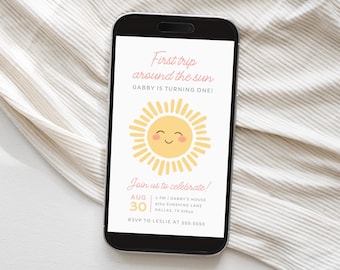 Electronic First Trip Around the Sun 1st Birthday Party Invitation, Sunshine First Birthday Party Invite Template, DIGITAL DOWNLOAD
