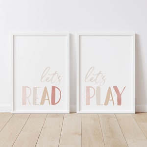 Let&#39;s Read Let&#39;s Play Set of 2 Prints, PRINTABLE Playroom Wall Art, Neutral Nursery Decor, Girls Room Decor, DIGITAL DOWNLOAD