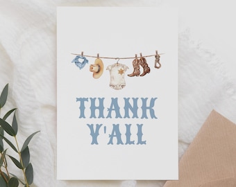 Editable Cowboy Baby Shower Thank You Card Template, Printable Western Baby Shower Folded Thank You Card, DIGITAL DOWNLOAD
