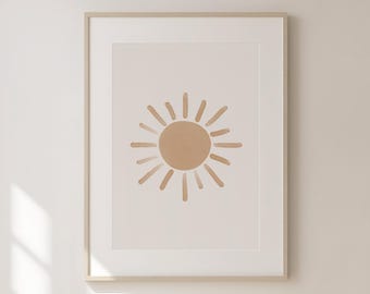 Neutral Boho Sun Print, Printable Watercolor Sunshine Nursery Wall Art, Sun Kids Room Decor Digital Download