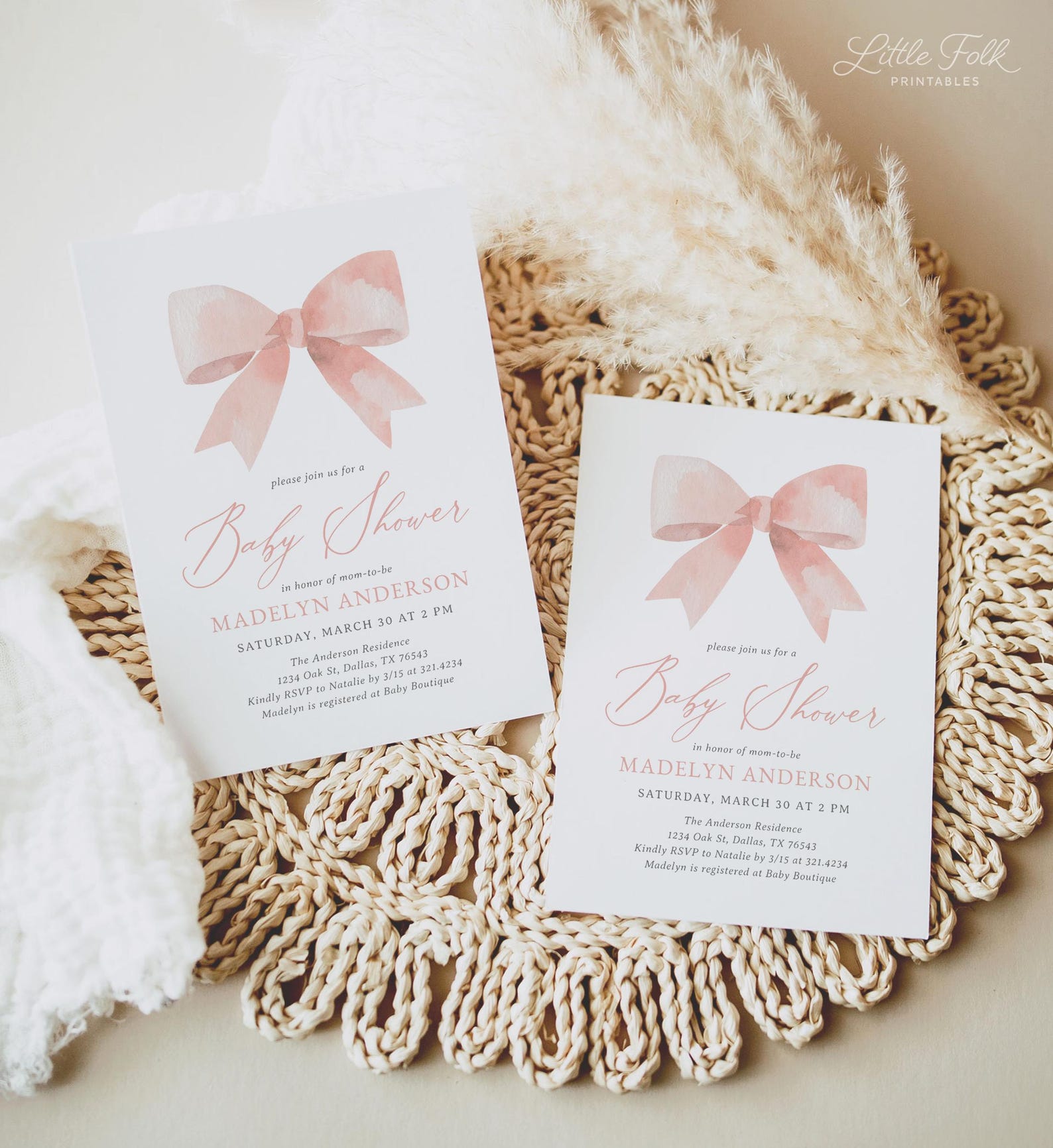 Pink Bow Girl Baby Shower Invitation Template, Watercolor Bow Baby ...