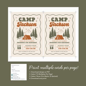 May include: Two identical birthday invitation cards featuring a camping theme with a tent, pine trees, and mountains. The text reads Camp Jackson, Please join us to celebrate Jackson's 5th birthday, June 15, Jackson's house, and RSVP to Megan.