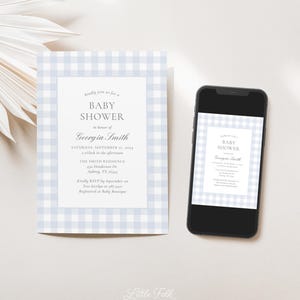 May include: A blue and white gingham baby shower invitation with the text "Kindly join us for a Baby Shower in honor of Georgia Smith" and details for the event. The invitation is displayed on a smartphone.