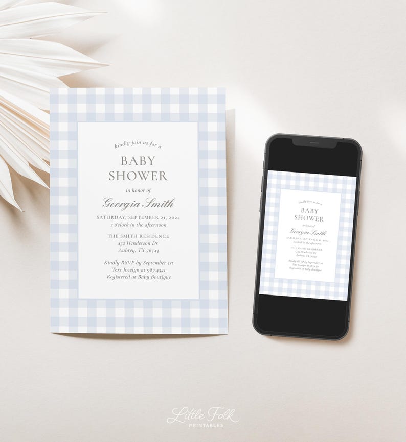 May include: A blue and white gingham baby shower invitation with the text "Kindly join us for a Baby Shower in honor of Georgia Smith" and details for the event. The invitation is displayed on a smartphone.