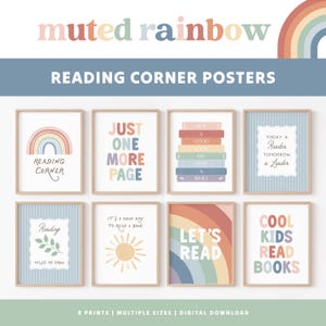 May include: Eight framed wall art prints featuring muted rainbow colors and reading-themed text. Designs include rainbows, stacks of books, a sun, and phrases like 'Just One More Page', 'Let's Read', and 'Today a Reader Tomorrow a Leader'.