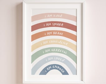 Rainbow Affirmations Print, I am Kind Smart Loved Wall Art, Printable Inspirational Nursery Decor