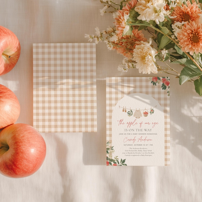 Mall för inbjudan till babyshower med äpplemotiv, höstinbjudan till babyshower med äpplemotiv, klädstreck med babyshowermotiv, digital nedladdning bild 3