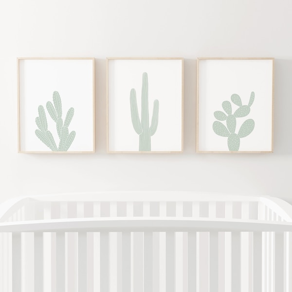 Mint Green Cactus Prints Set of 3, Printable Boho Cactus Wall Art, Southwestern Nursery Decor, Girls Room Decor, DIGITAL DOWNLOAD