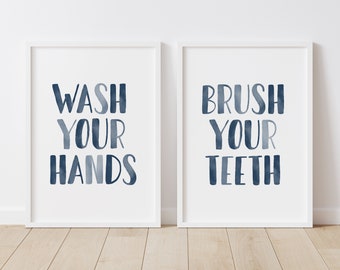 Wash Your Hands Brush Your Teeth Set of 2 Prints, PRINTABLE Bathroom Wall Art, Navy Blue Bathroom Decor, DIGITAL DOWNLOAD